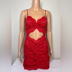 Victoria’s Secret Red Lace Cutout Mini Dress M Sexy Lingerie Ruched Sheer Floral